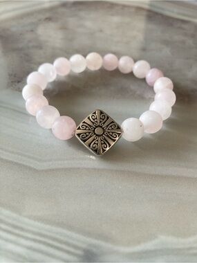 ✨Frosted Rose Quartz Beaded Bracelet with Sterling Silver Plated Accent